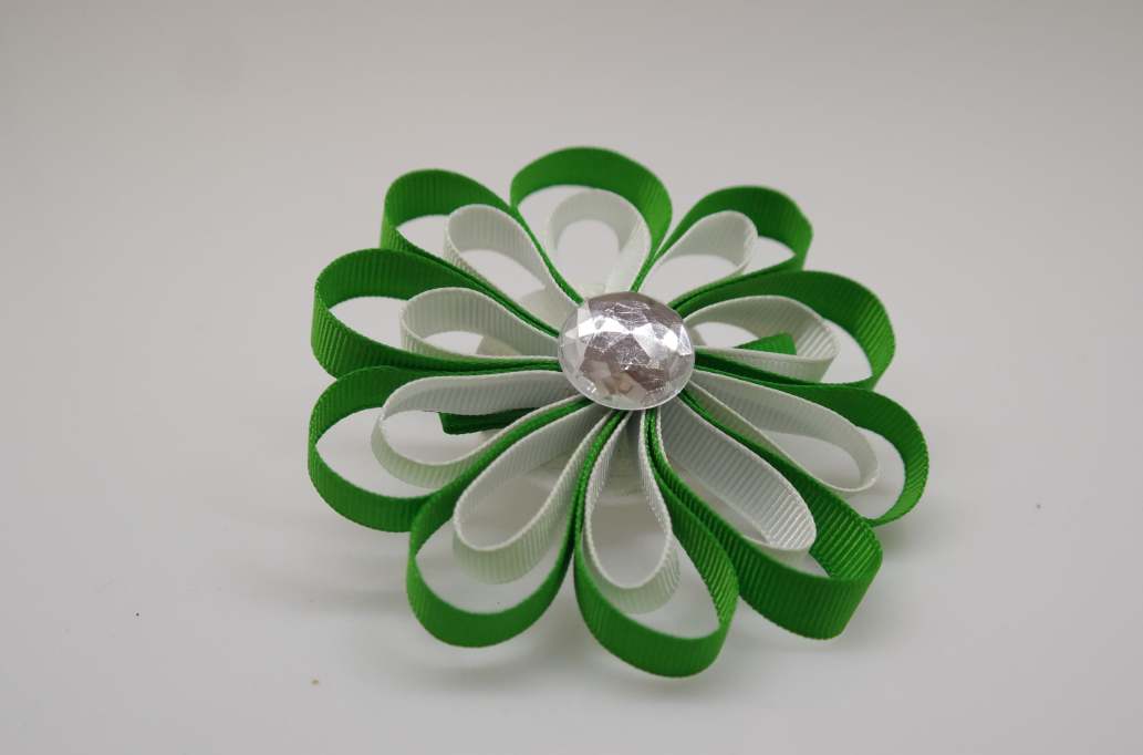 Large petal flower hair Bow with colors  Classical Green, White